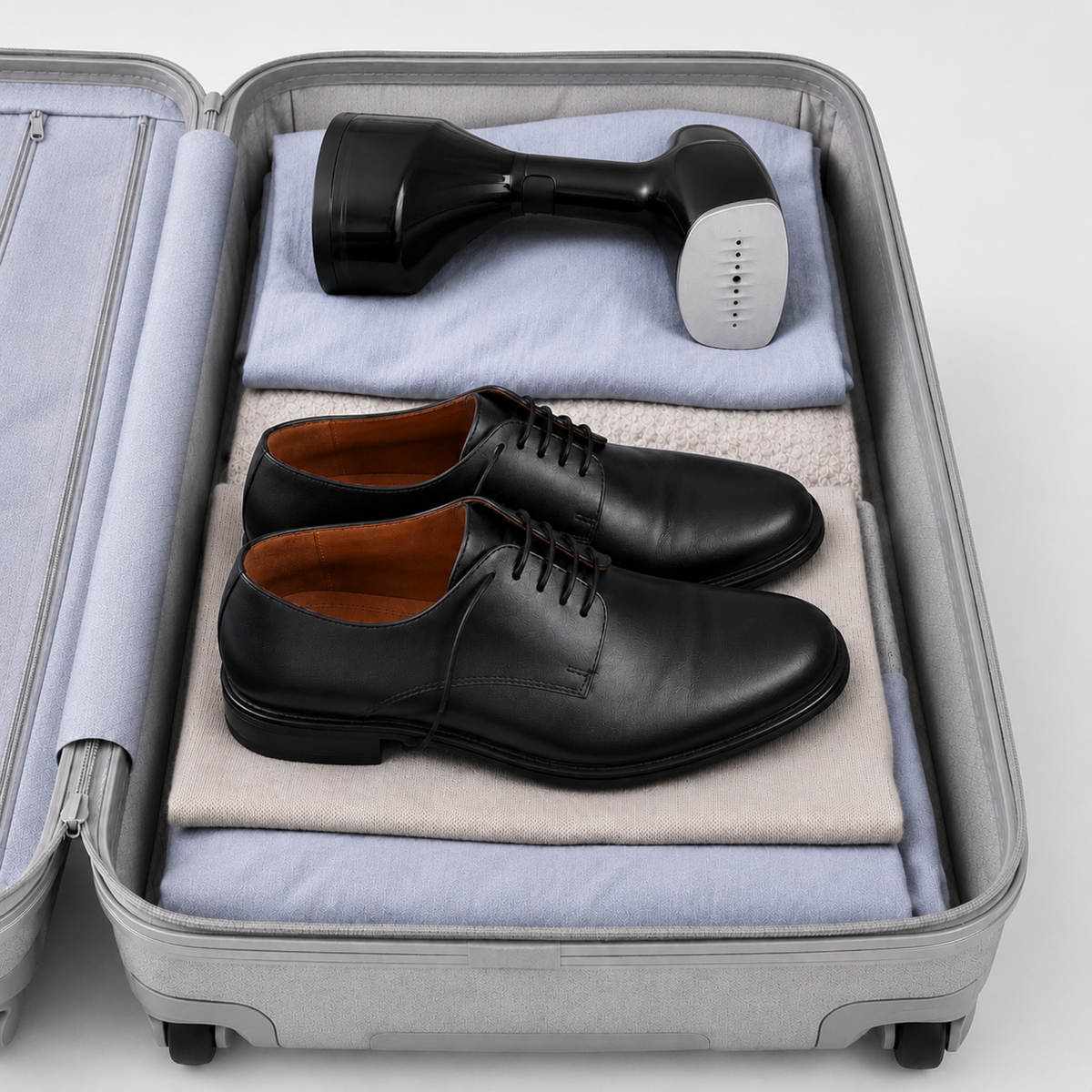 Défroisseur vapeur Aurum One rangé dans une valise avec vêtements et chaussures